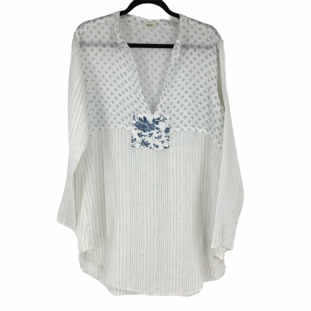 CP Shades Earth White Blue Linen Pathwork Tunic
